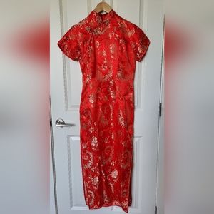 Brand new size medium Chinese red and gold silk long dress qipao